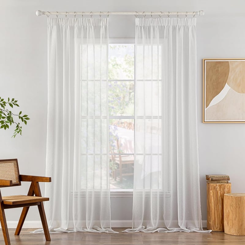 MIULEE Fehér Fátyolfüggöny Szett 2 db - Áttetsző Voile Függöny Nappali és Hálószoba Dekorációhoz, Ráncolt Szalaggal, 140x225 cm