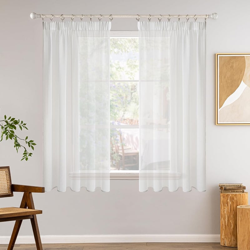 MIULEE Fehér Fátyolfüggöny Szett 2 db - Áttetsző Voile Függöny Nappali és Hálószoba Dekorációhoz, Ráncolt Szalaggal, 140x175 cm