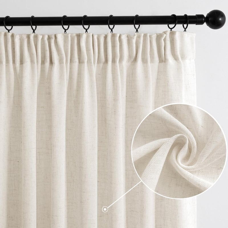 MIULEE Fodros szalaggal rögzített tab-top voile függöny, modern len hatású, félátlátszó, 2 db, fehér, 270 x 140 cm