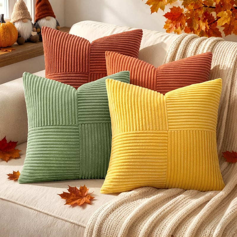 Husă de pernă MIULEE 40x40 cm, catifea raiată, pentru canapea, patchwork, portocaliu-verde, husă decorativă pentru pernă