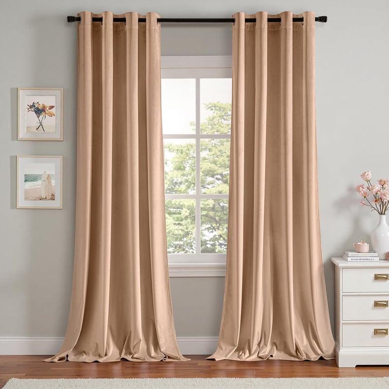 MIULEE Rose Beige Bársony Függöny Karikás 140x245 cm, Sötétítő 2 db