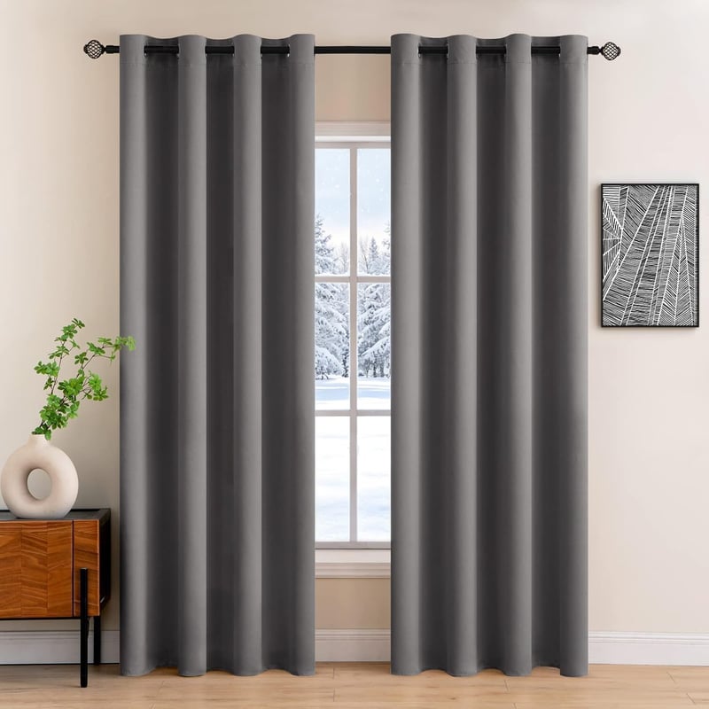 Set de 2 perdele opace MIULEE, termoizolante cu inele, gri, 140x260 cm, pentru dormitor și sufragerie, protecție împotriva frigului