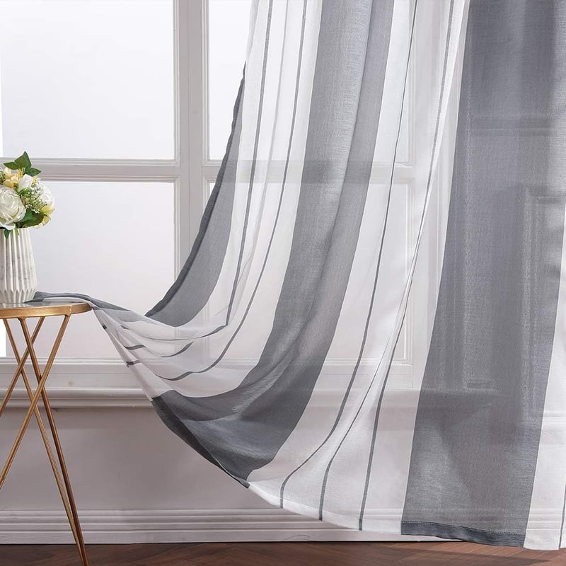 MIULEE Voile Függöny Szürke-Fehér Csíkos 140x225cm 2db Szalagos Átlátszó - 225x140, Grey and White Stripes