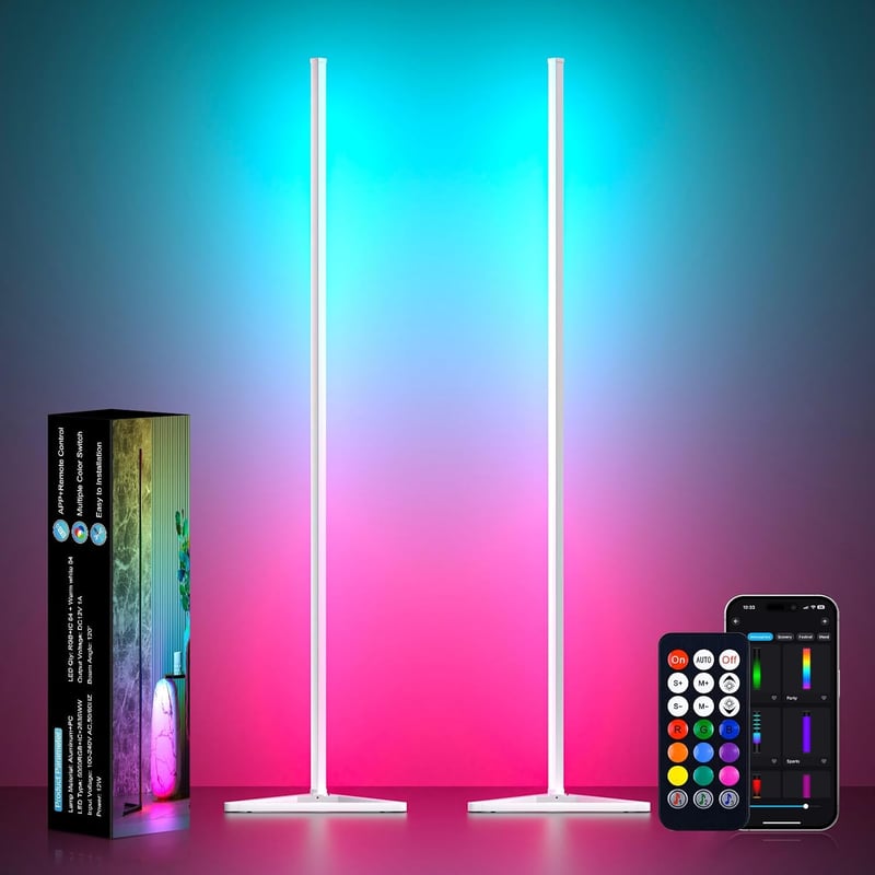 Lampadar LED RGBIC MIWATT 140 cm, reglabil prin aplicație, înălțime ajustabilă, 16 milioane de culori, 300 de scene, pentru sufragerie, sincronizare cu muzica, 2 bucăți