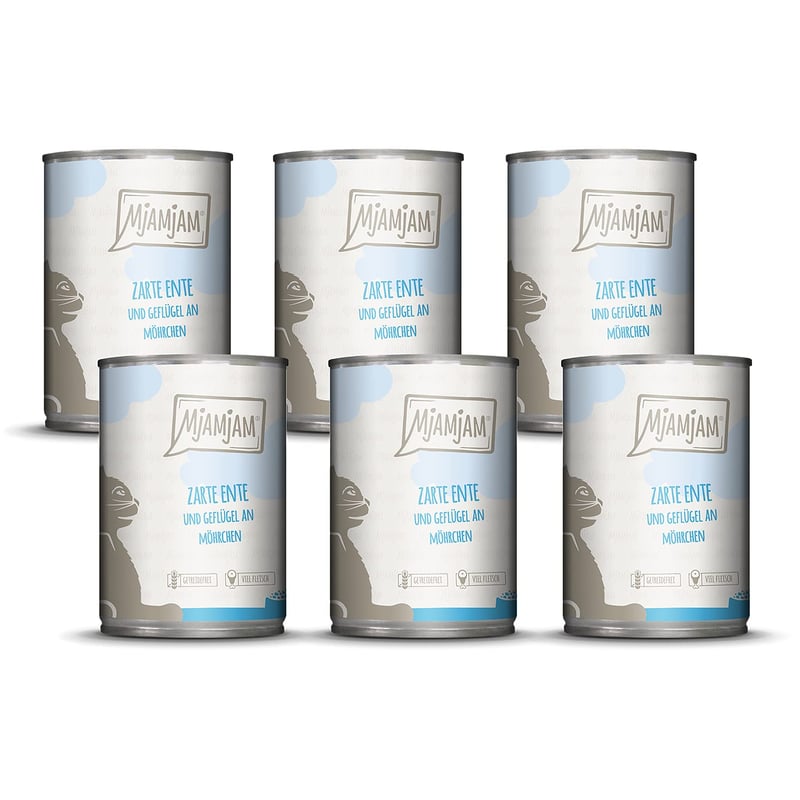 Prémiové mokré krmivo pre mačky MjAMjAM – Jemná kačka a hydina s chutnou mrkvou, 6 x 400 g, bez obilnín, s extra vysokým obsahom mäsa
