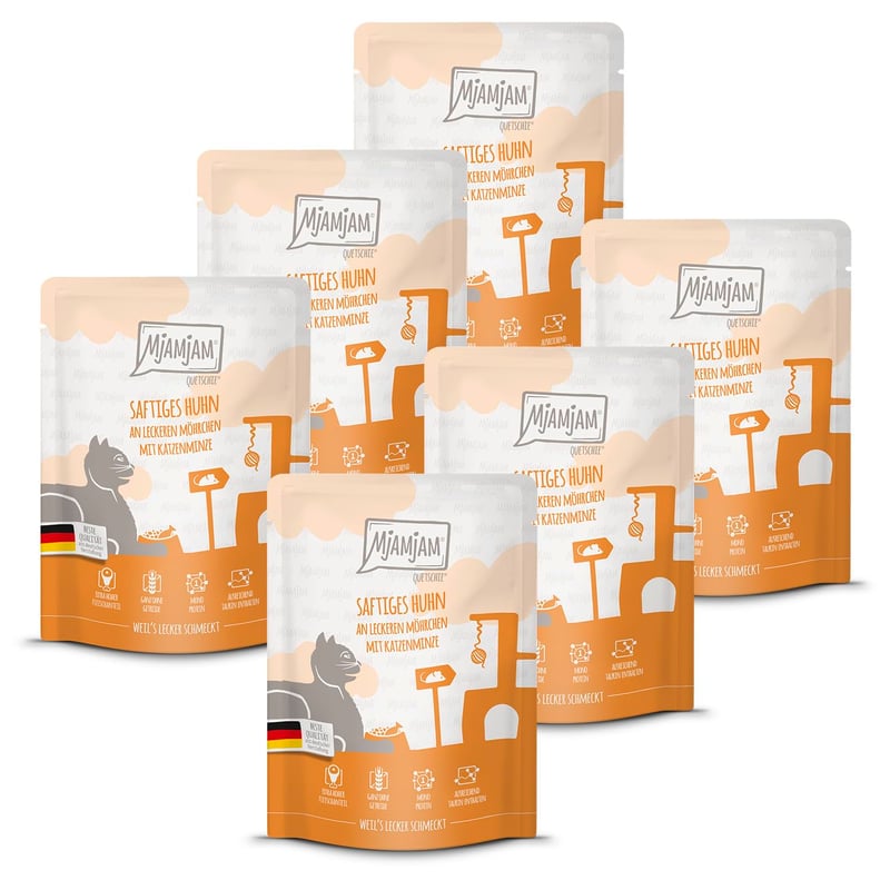 MjAMjAM Premium mokra hrana za mačke – Sočna piletina s ukusnom mrkvom, 6 x 300 g, bez žitarica s puno mesa