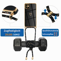 Silikónový kryt na iPhone 12 so šnúrkou na krk - Dizajn Heart Love galvanizovaný - Retiazkový kryt na telefón pre ženy a dievčatá - Čierna a zlatá 2