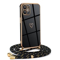 Silikónový kryt na iPhone 12 so šnúrkou na krk - Dizajn Heart Love galvanizovaný - Retiazkový kryt na telefón pre ženy a dievčatá - Čierna a zlatá 1