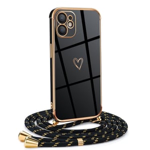 Mkej iPhone 12 silikonska maska s trakom za nošenje - Dizajn srca Love galvanizirana - Maskica s lancem za žene i djevojke - Crno-zlatna