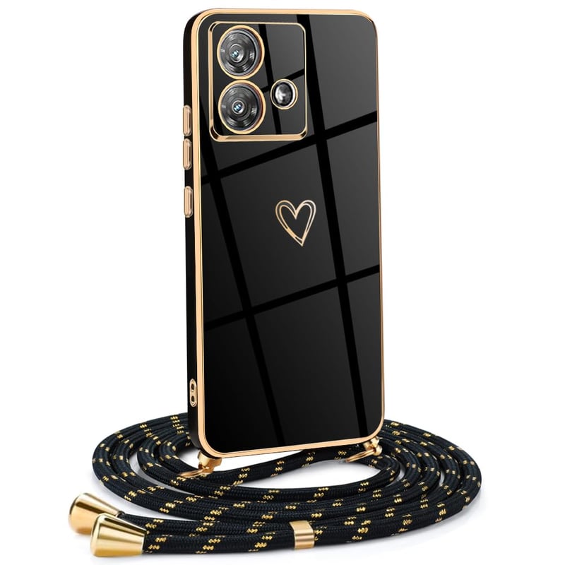 Silikónový kryt na Motorola Edge 40 Neo so šnúrkou na krk - Dizajn srdce Love, galvanizovaný - Čierno-zlatý kryt na telefón pre dievčatá a ženy