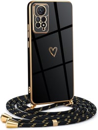 Silikónové puzdro na Xiaomi Redmi Note 11 Pro 5G s popruhom na krk – dizajn srdce Love, galvanizované – čierno-zlaté – dámsky kryt na telefón s retiazkou 1