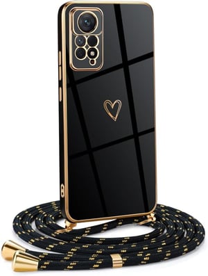 Mkej silikonska maska za Xiaomi Redmi Note 11 Pro 5G s vezicom - Dizajn sa srcem, galvanizirana - Crno-zlatna - Ženska maska za telefon s lančićem