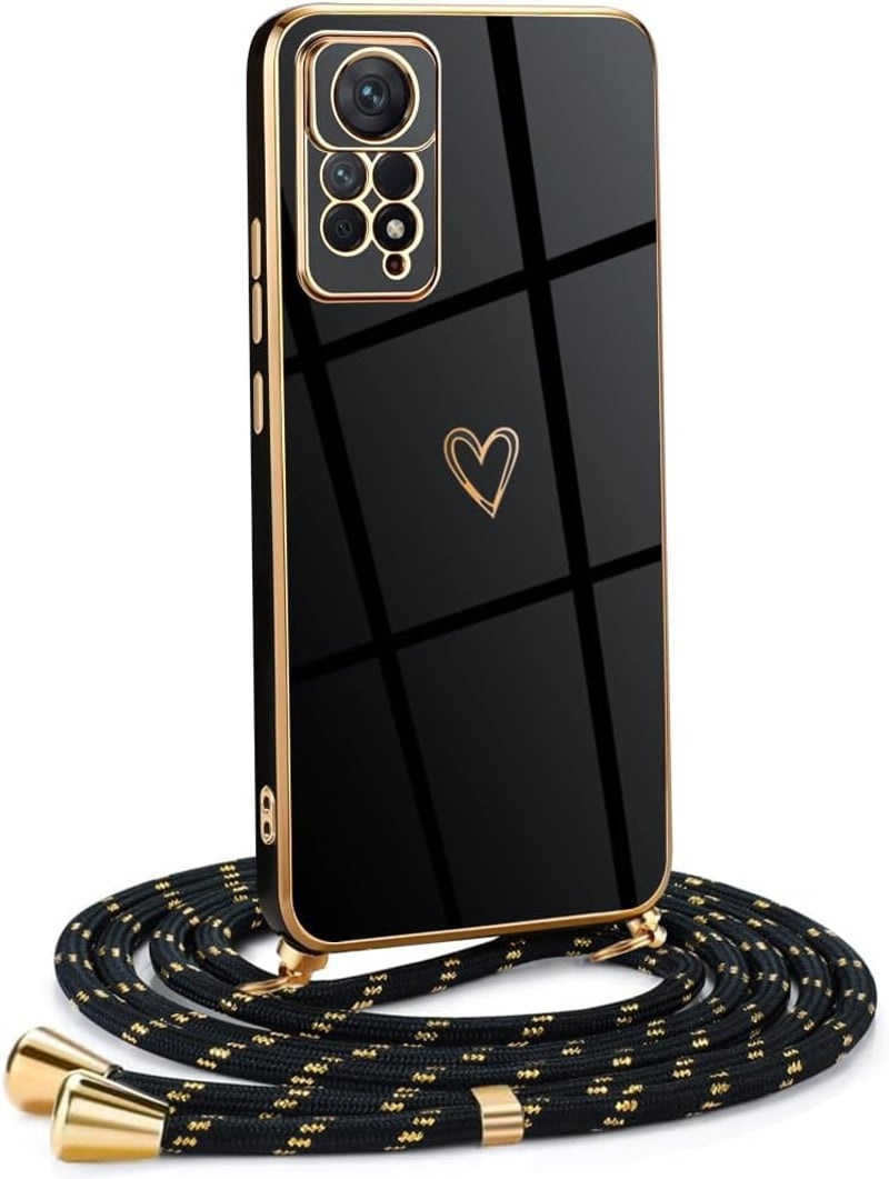 Silikónové puzdro na Xiaomi Redmi Note 11 Pro 5G s popruhom na krk – dizajn srdce Love, galvanizované – čierno-zlaté – dámsky kryt na telefón s retiazkou