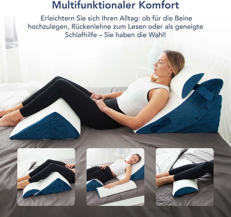 MKS Ék alakú ergonomikus párnaszett 4 db kék, 12 az 1-ben többfunkciós, levehető és mosható huzattal alváshoz és olvasáshoz