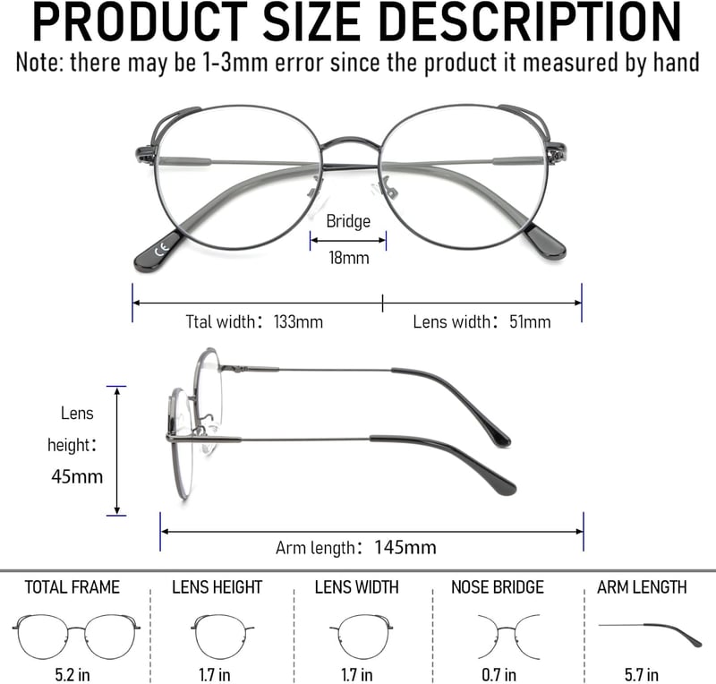 MMOWW Kék Fény Szűrő Olvasószemüveg Unisex Kerek Fém Keret +2.5 Dioptria