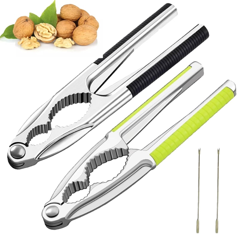 Set de 4 piese MOAZIFI pentru spart nuci, spărgător de nuci din metal cu mâner negru-verde și 2 accesorii pentru scos miezul, pentru alune, nuci de Brazilia, crabi și homari
