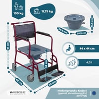 Mobiclinic Ancla prijenosni toaletni stolac na kotačima za starije i teško pokretne osobe, sa sklopivim naslonima za ruke, odvojivim osloncima za noge, poklopcem, bordo boje 2