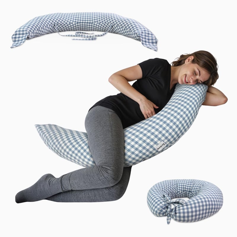Vankúš na dojčenie a pre tehotné Mobiclinic Aura XXL 3 v 1, 150 cm, poťah zo 100 % bavlny, nastaviteľné popruhy, modro-biely kockovaný vzor, snímateľný