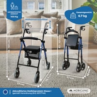 Mobiclinic Hércules 4 kerekű rollator időseknek - összecsukható, állítható, üléssel, kosárral, fékkel - kék - max. 100 kg teherbírás 2