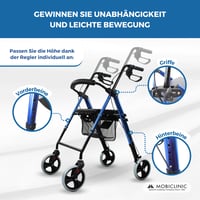 Mobiclinic Hércules 4 kerekű rollator időseknek - összecsukható, állítható, üléssel, kosárral, fékkel - kék - max. 100 kg teherbírás 7
