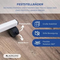 Mobiclinic Meseta podesivi stol za krevet s kotačima, bijelo-smeđi, 72x40x76 cm, za odrasle i starije osobe, lagan i prenosiv stol 5