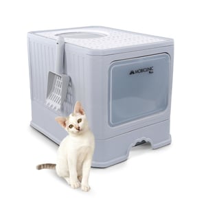 Litieră pentru pisici Mobiclinic Pets XXL cu acoperiș și sertar, intrare dublă, grătar, lopățică inclusă, albă, 51x37,5x38 cm, pliabilă