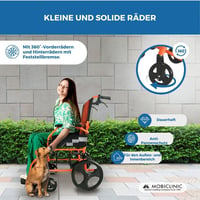Mobiclinic Piramide összecsukható tranzit kerekesszék lábtartóval, háttámlával és karfával, 41 cm ülésszélesség, alumínium váz, narancssárga 5