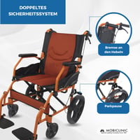 Mobiclinic Piramide összecsukható tranzit kerekesszék lábtartóval, háttámlával és karfával, 41 cm ülésszélesség, alumínium váz, narancssárga 7