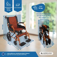 Mobiclinic Piramide összecsukható tranzit kerekesszék lábtartóval, háttámlával és karfával, 41 cm ülésszélesség, alumínium váz, narancssárga 2