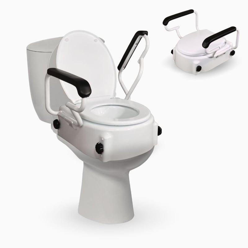 Nástavec na WC Mobiclinic Tajo s výklopnými opierkami, 19 cm, 3 výškové úrovne, sklopný, s vekom, pre seniorov a imobilných pacientov, biely