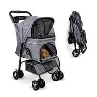 Skladací kočík pre psov Mobiclinic Zuma pre malé a staršie psy, do 15 kg, 360° otočné kolesá s brzdou, XXL košík, 3 okná, držiak na pohár, sivý 1