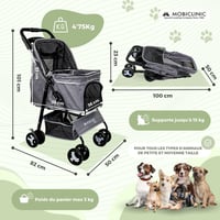 Skladací kočík pre psov Mobiclinic Zuma pre malé a staršie psy, do 15 kg, 360° otočné kolesá s brzdou, XXL košík, 3 okná, držiak na pohár, sivý 2
