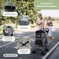 Skladací kočík pre psov Mobiclinic Zuma pre malé a staršie psy, do 15 kg, 360° otočné kolesá s brzdou, XXL košík, 3 okná, držiak na pohár, sivý 3