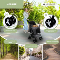 Skladací kočík pre psov Mobiclinic Zuma pre malé a staršie psy, do 15 kg, 360° otočné kolesá s brzdou, XXL košík, 3 okná, držiak na pohár, sivý 5