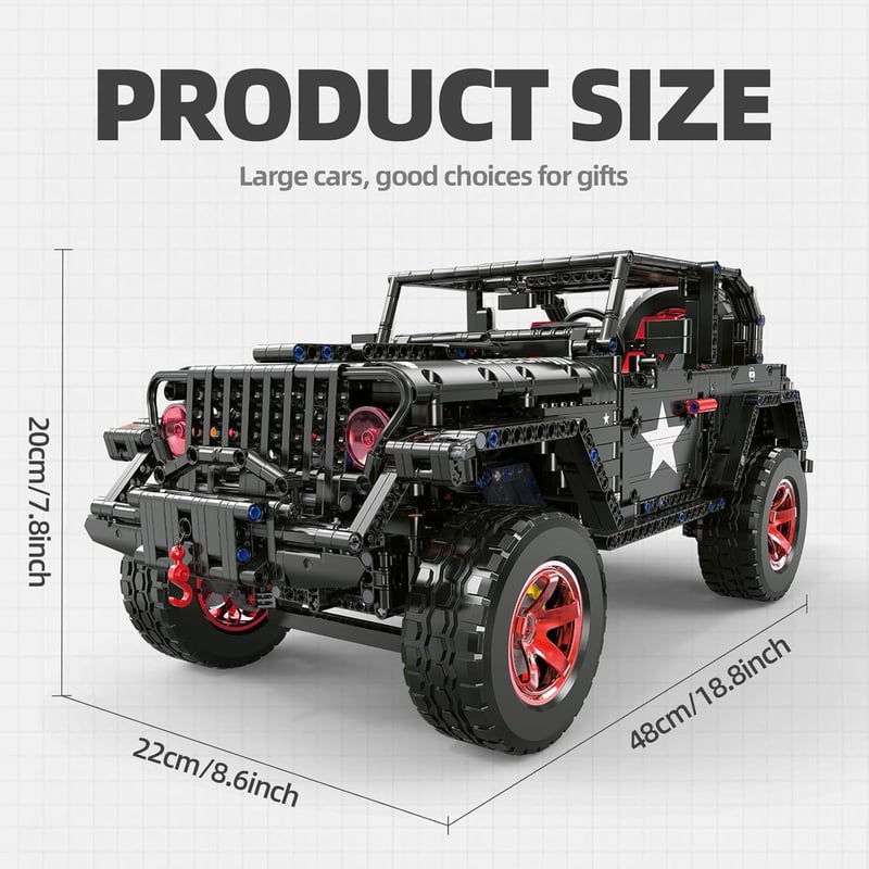 MOCBROPCS RC Off-Road Wrangler Black Warrior 1/8 Építőkészlet LED Fénnyel 2.4G Távirányítós Terepjáró