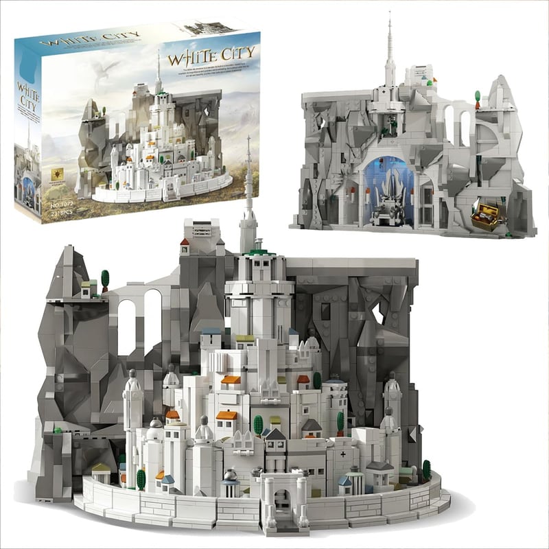 Stavebnica Mocbuiie Biele Mesto Minas Tirith s osvetlením – 2318 dielikov, model hradu zo Pána prsteňov pre dospelých, stredoveká modulárna budova