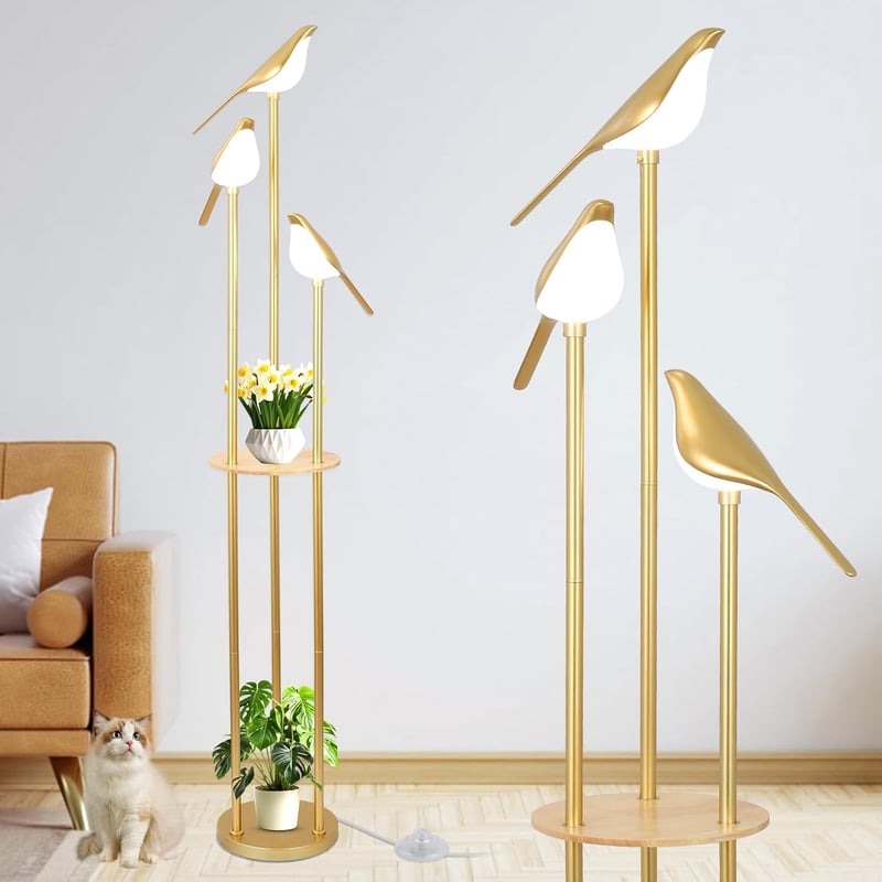Modern Állólámpa 3 Állítható LED Madár Lámpával, Polcokkal és Asztallal - Arany Padlólámpa Nappaliba, Hálószobába - Mid Century Álló Világít