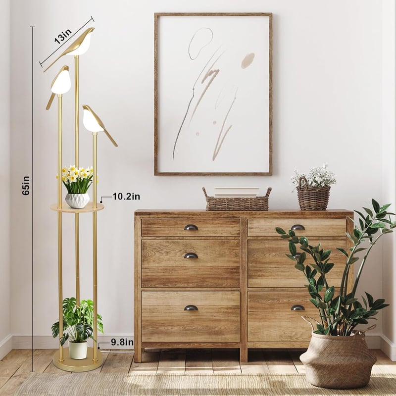 Modern Állólámpa 3 Állítható LED Madár Lámpával, Polcokkal és Asztallal - Arany Padlólámpa Nappaliba, Hálószobába - Mid Century Álló Világít