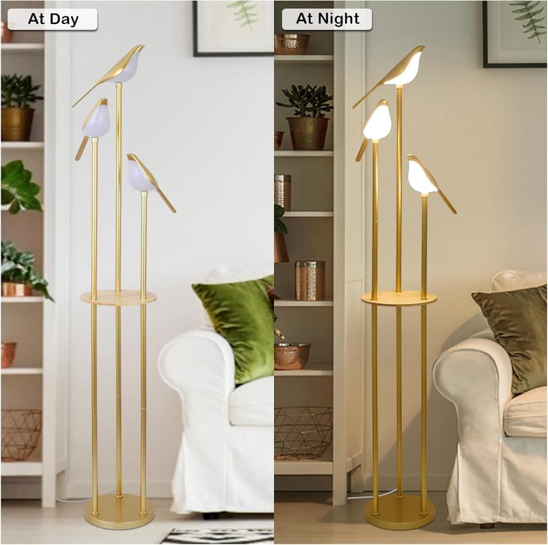 Modern Állólámpa 3 Állítható LED Madár Lámpával, Polcokkal és Asztallal - Arany Padlólámpa Nappaliba, Hálószobába - Mid Century Álló Világít