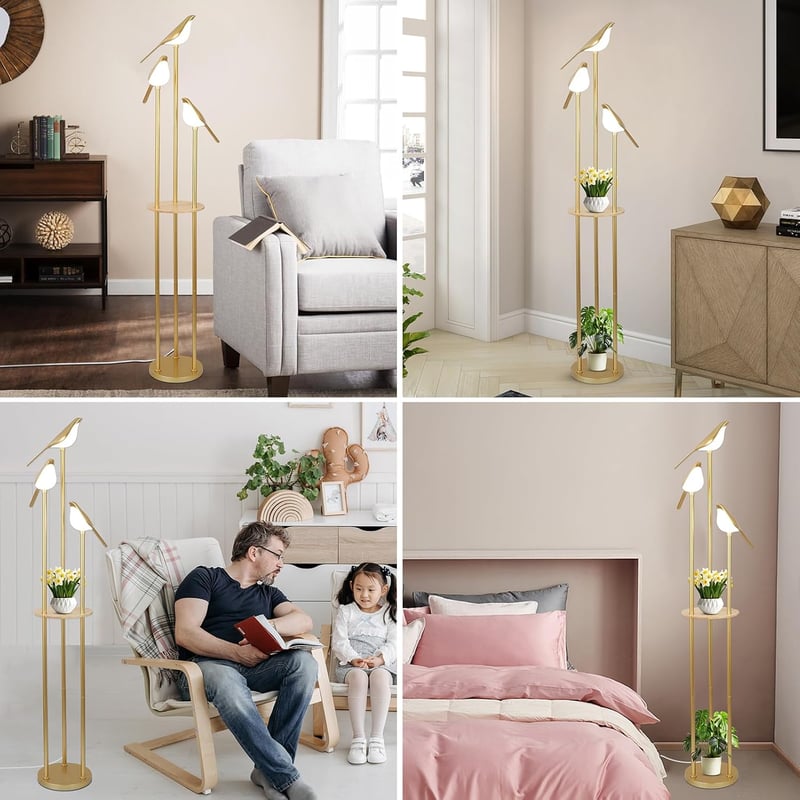 Modern Állólámpa 3 Állítható LED Madár Lámpával, Polcokkal és Asztallal - Arany Padlólámpa Nappaliba, Hálószobába - Mid Century Álló Világít