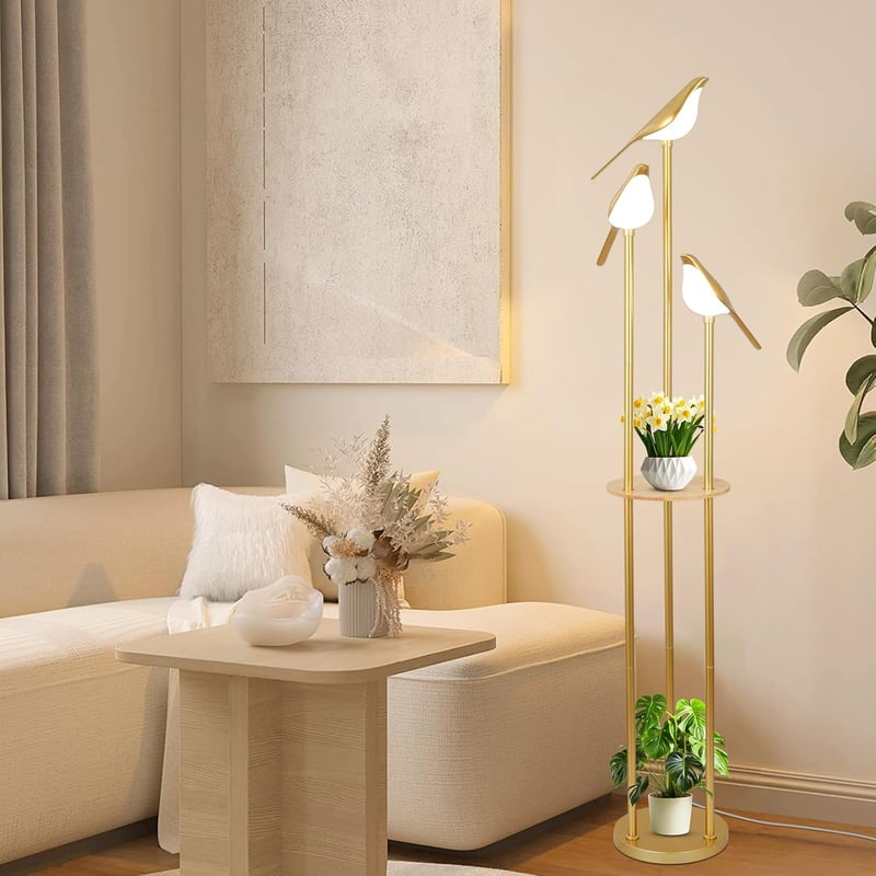 Modern Állólámpa 3 Állítható LED Madár Lámpával, Polcokkal és Asztallal - Arany Padlólámpa Nappaliba, Hálószobába - Mid Century Álló Világít