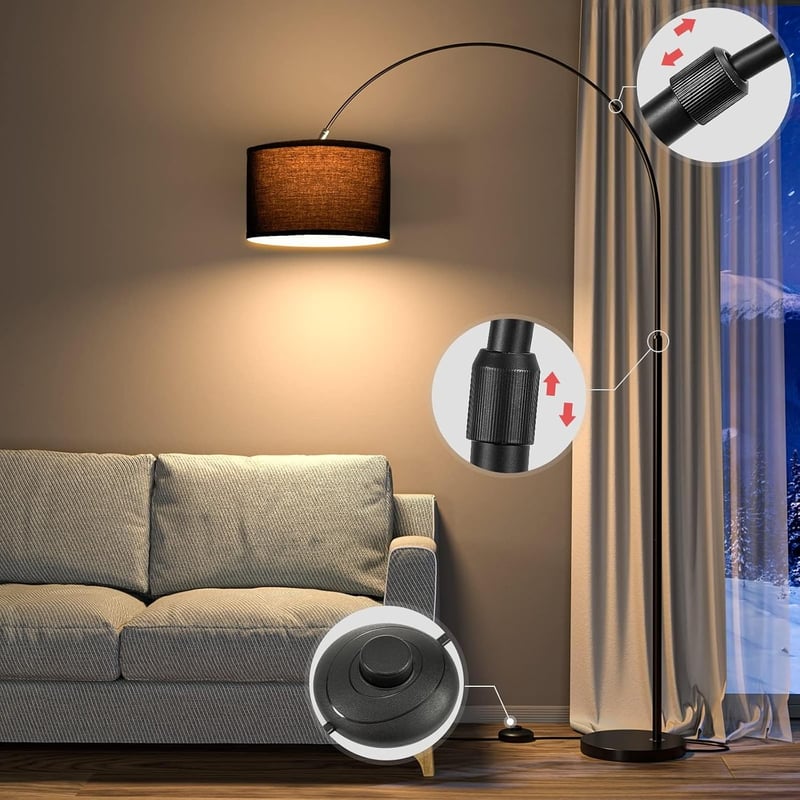 Modlicht vintage ívlámpa állólámpa fekete textil búrával 33 cm, LED E27, lábkapcsolóval hálószobába és hotelbe