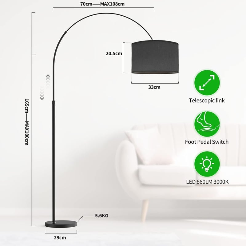 Modlicht vintage ívlámpa állólámpa fekete textil búrával 33 cm, LED E27, lábkapcsolóval hálószobába és hotelbe