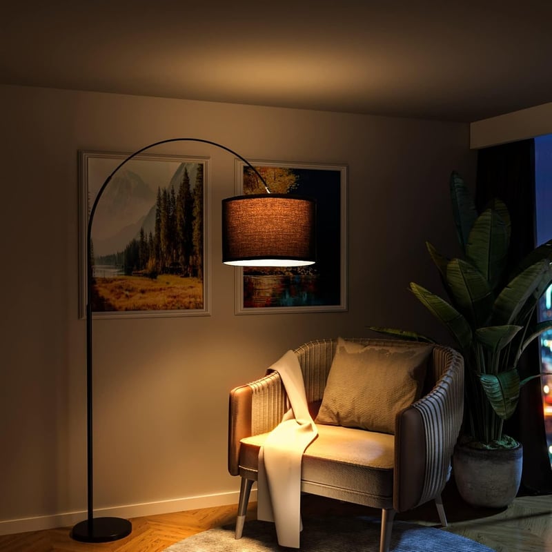 Modlicht vintage ívlámpa állólámpa fekete textil búrával 33 cm, LED E27, lábkapcsolóval hálószobába és hotelbe