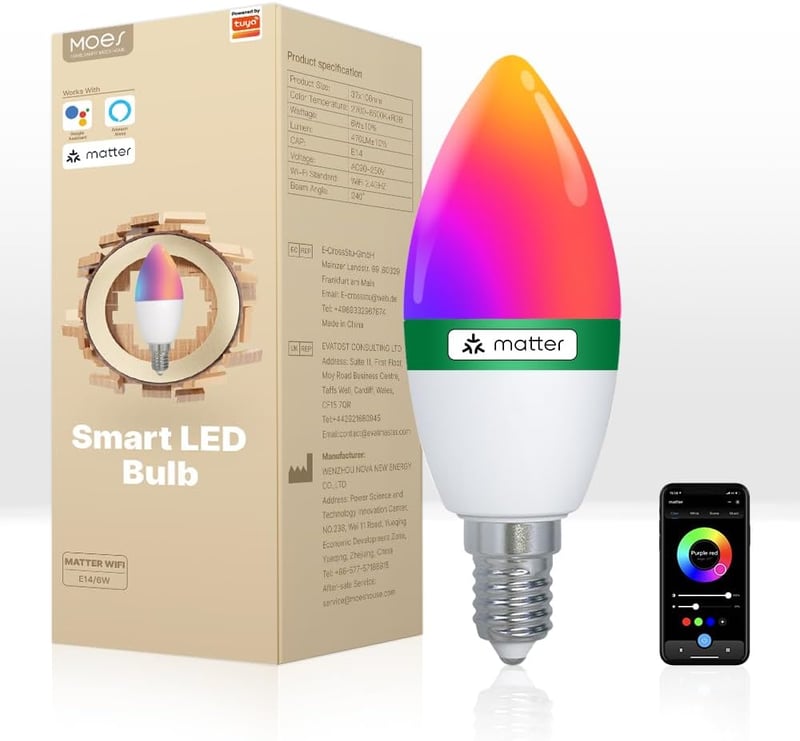 MOES E14 Okos LED Izzó - WiFi Alexa Kompatibilis RGBCW Fényforrás, Tompítható, Zene Szinkronizálás, 16 Millió Szín, Apple HomeKit, Google Ho