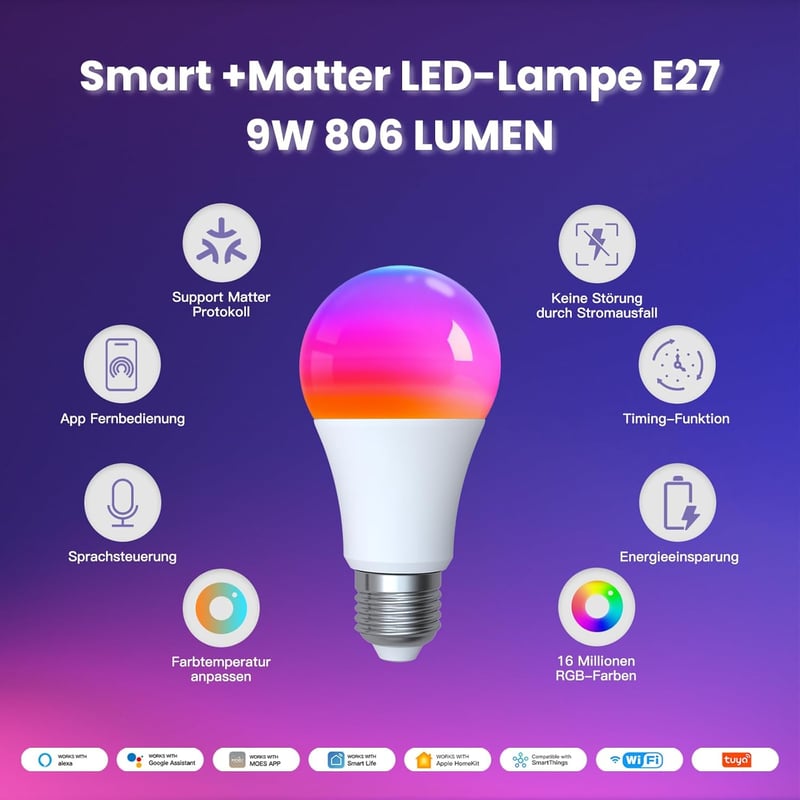 MOES E27 Okos LED Izzó - WiFi Alexa Kompatibilis RGBCW Fényforrás, 16 Millió Szín, Fényerőszabályzás, Zene Szinkronizálás, Apple HomeKit, Go