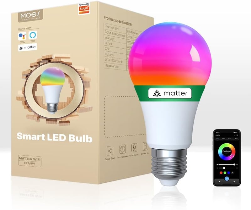 MOES E27 Okos LED Izzó - WiFi Alexa Kompatibilis RGBCW Fényforrás, 16 Millió Szín, Fényerőszabályzás, Zene Szinkronizálás, Apple HomeKit, Go