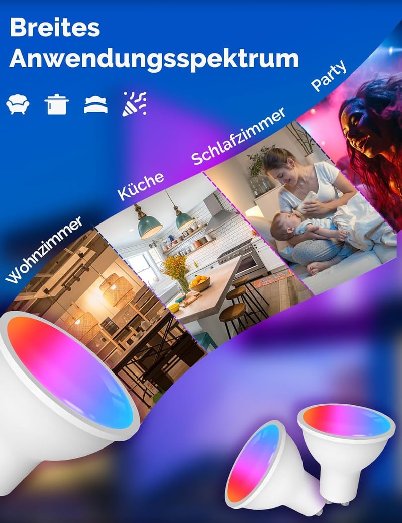 MOES GU10 WiFi Okos LED Izzó - RGB Színváltós, Fényerőszabályozható, 2700K-6500K, Alexa, Google Home és Apple HomeKit Kompatibilis, Zene Szi