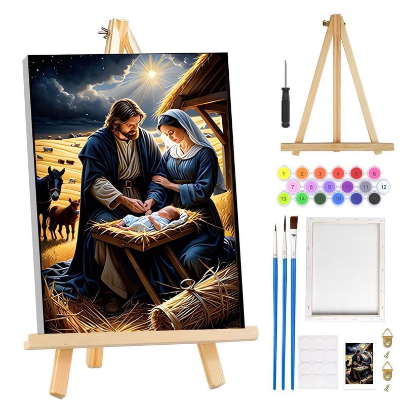 Set Pictură pe Numere MOGTAA Isus cu Ramă și Șevalet din Lemn, Pictură în Ulei DIY de Paște pe Pânză, Set de Vopsele Acrilice pentru Decor Acasă, 20x30 cm