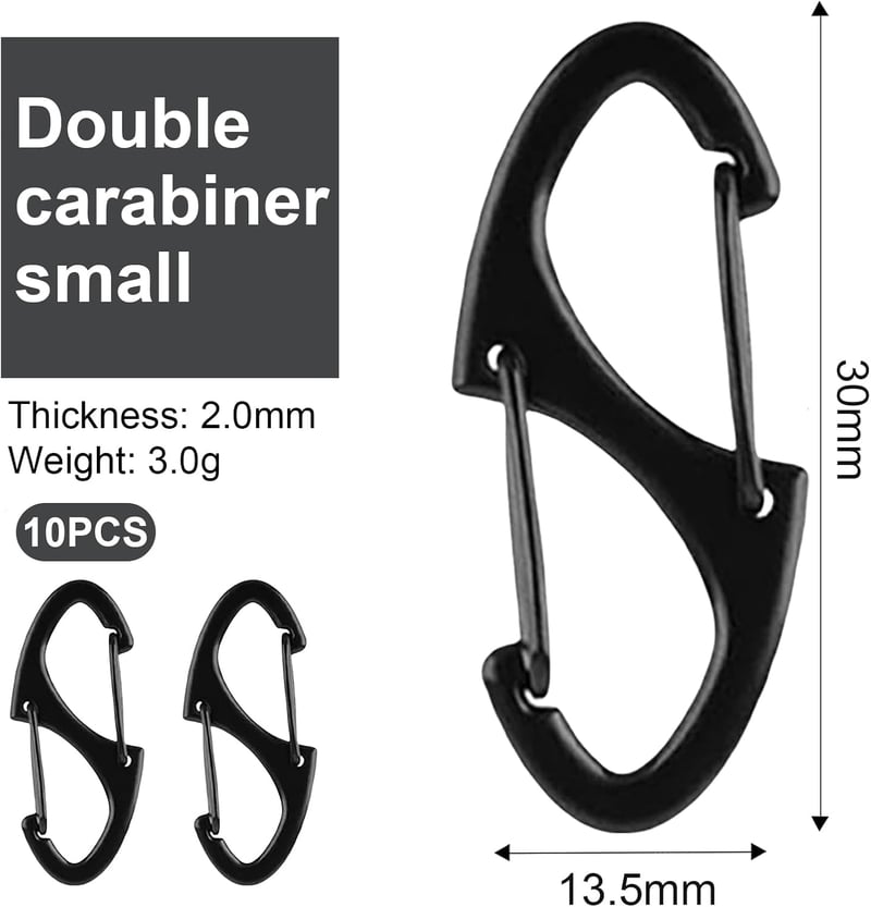 Moguri 10 db Fekete S-alakú Dupla Fejű Karabiner Horog 3 mm - Mini Karabinerek Kulcstartókhoz, Hátizsákokhoz és Kültéri Felszerelésekhez - C